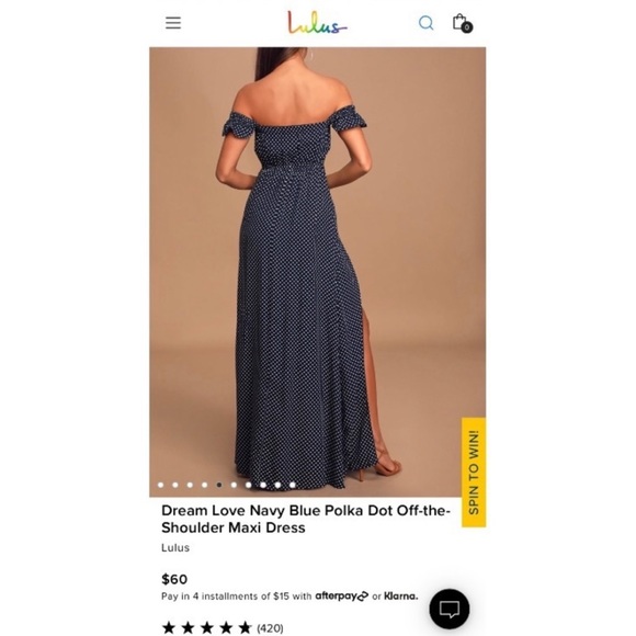 LuLu's New Without Tags Navy Off Shoulder Polka Dot Maxi Dress, Size Small - Picture 2 of 5